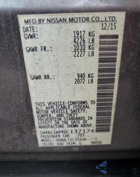 2016 Nissan Altima 2.5 z USA, uszkodzony, nr VIN 1N4AL3AP4GC137174